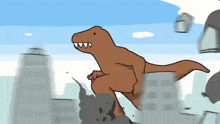 a cartoon of a dinosaur running through a city with buildings in the background