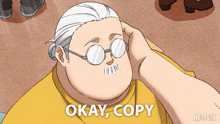 a cartoon of a woman with glasses and the words okay copy