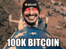 a man wearing a bitcoin hat with red eyes is riding a motorcycle