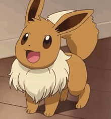 a cartoon eevee is standing on a wooden floor and smiling .