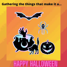 a happy halloween greeting card with a bat spider cauldron cat and pumpkin