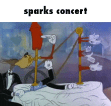 a cartoon of a man in a tuxedo sitting at a table with the words sparks concert above him