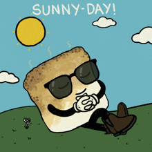 a cartoon drawing of a marshmallow wearing sunglasses and the words sunny day below it