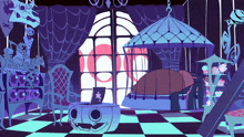 a cartoon drawing of a room with a table and chairs