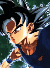 a close up of a cartoon character with a blue shirt and white hair