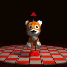 tails from sonic the hedgehog is dancing on a checkerboard floor