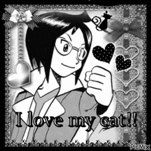 a black and white drawing of a boy with glasses and the words i love my cat