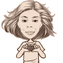 a cartoon drawing of a girl holding a heart in her hands .