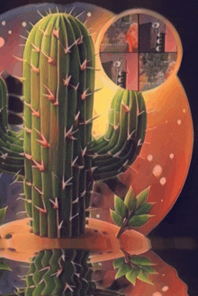 a painting of a cactus with a reflection of the cactus in it