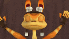 a close up of a cartoon character wearing gloves and goggles with his arms outstretched .