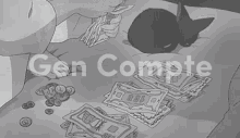 a black cat is laying on a bed next to a pile of money and coins