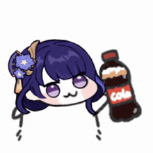a cartoon of a girl with purple hair holding a bottle .