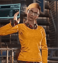 a woman wearing glasses and a yellow sweater is standing in front of a sign that says injustice online .