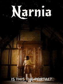 a poster for the movie narnia shows a girl standing in front of a door