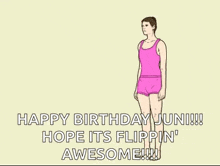 a woman in a pink tank top and shorts is doing a flip