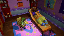 a teddy bear is laying on a couch in a room