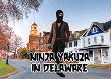 a poster for ninja yakuza in delaware shows a man in a suit