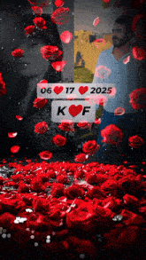 a man and a woman are surrounded by red roses and petals with a sign that says k f