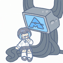 a drawing of a girl sitting in front of a tv with a triangle on it