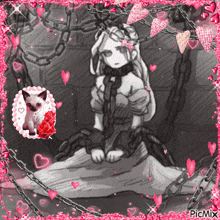 a black and white drawing of a girl in chains with a picture of a cat in the corner and the caption picmix