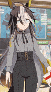 a cartoon girl with long hair and glasses is standing in front of a map of the world
