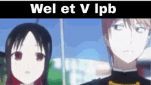 a man and a woman are standing next to each other in a blurry anime scene .