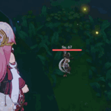 a girl with pink hair is standing next to a man in a video game with the number 67 on his chest