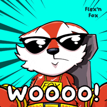 a cartoon fox wearing sunglasses and a flex 'n fox logo