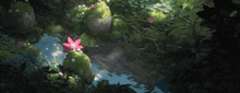 a painting of a lush green forest with a pink flower in the foreground