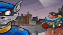 two cartoon characters are standing next to each other in front of a city