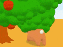 a cartoon rabbit is crawling under a tree with a cherry on it .