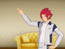 a man with red hair and a white jacket with the letter p on the sleeve