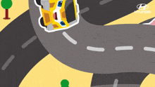 a yellow car is driving down a curvy road with a hyundai logo in the corner