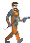 a pixel art of a man walking with a gun and a sword .