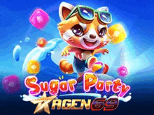 a cartoon cat wearing sunglasses is on a blue background with the words `` sugar party agen 69 '' .