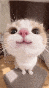a close up of a cat with a pink nose .