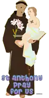 a cartoon of a man holding a baby with the words st. anthony pray for us below him