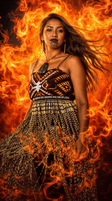 a woman with a tattoo on her face stands in front of a fire