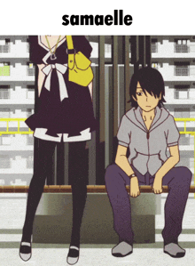 a girl and a boy are standing next to each other and the word samaelle is on the top
