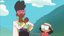 a cartoon of a woman holding an apple next to a little girl wearing a hat