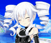 a girl with white hair and a black outfit is making a funny face