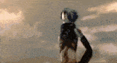 a person with a mask on their head is standing in front of a cloudy sky