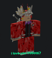 a red robot with a purple bow tie and a sword says i love you robot67