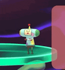 a colorful cartoon character is standing on a green circle
