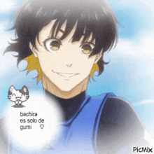 a picture of a boy with the words " bachira es solo de gumi "