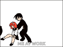 a pixel art drawing of a man and woman with the words me at work