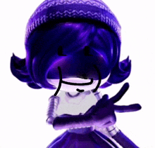 a cartoon character with purple hair and a purple hat is giving a peace sign