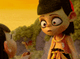 a cartoon character with big eyes is looking at another character