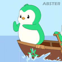 a cartoon of a green penguin in a boat with abster written on the bottom