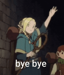 a cartoon character is holding a sword and waving at the camera while saying bye bye .